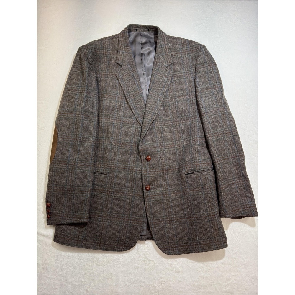 English Manor Sport Coat‎ Mens 46 Long Gray Plaid Wool Tweed Suede Elbow Patches